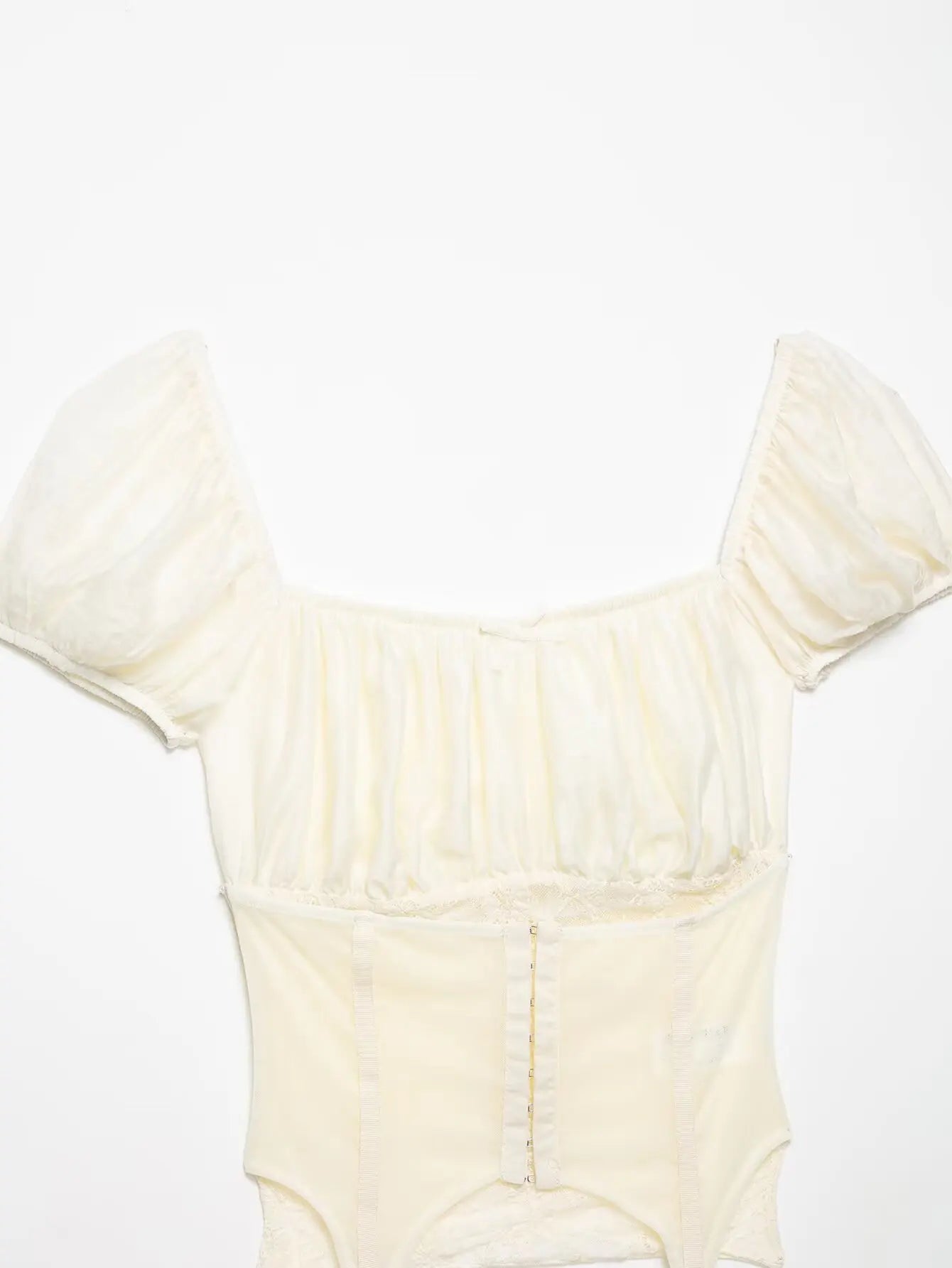 Female Slim Fit Square Neck Puff Sleeve Lace Ruched Corset Waist Short Blouse