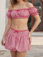 Women's Summer Plaid Outfits Off Shoulder Puff Short Sleeve Crop Tops + Mini Bubble Skirt Sets Retro Party Clothes