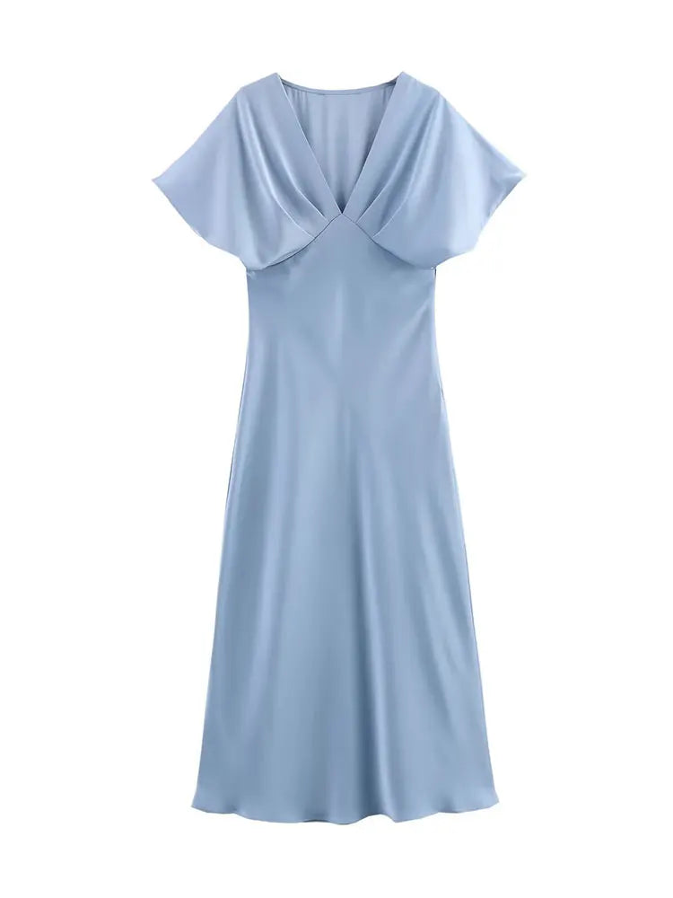 Elegant l Solid Satin Midi Dress With V Neck And Short Sleeves