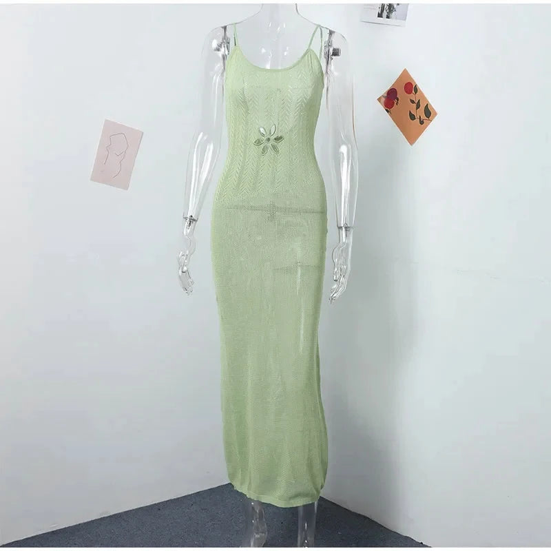 Floral Knit Strap Maxi Dress Backless Beach Cover Up For Summer Vacation And Resort Style