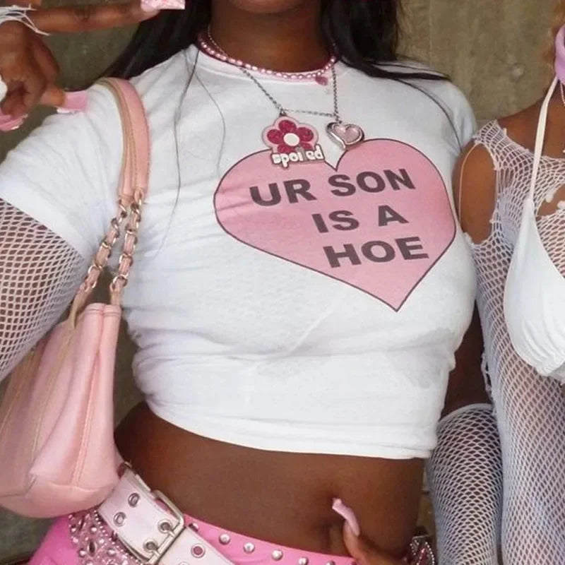 Y2K Heart Print Crop Top ONeck Gothic Grunge Hip Hop Style With Short Sleeves For Women