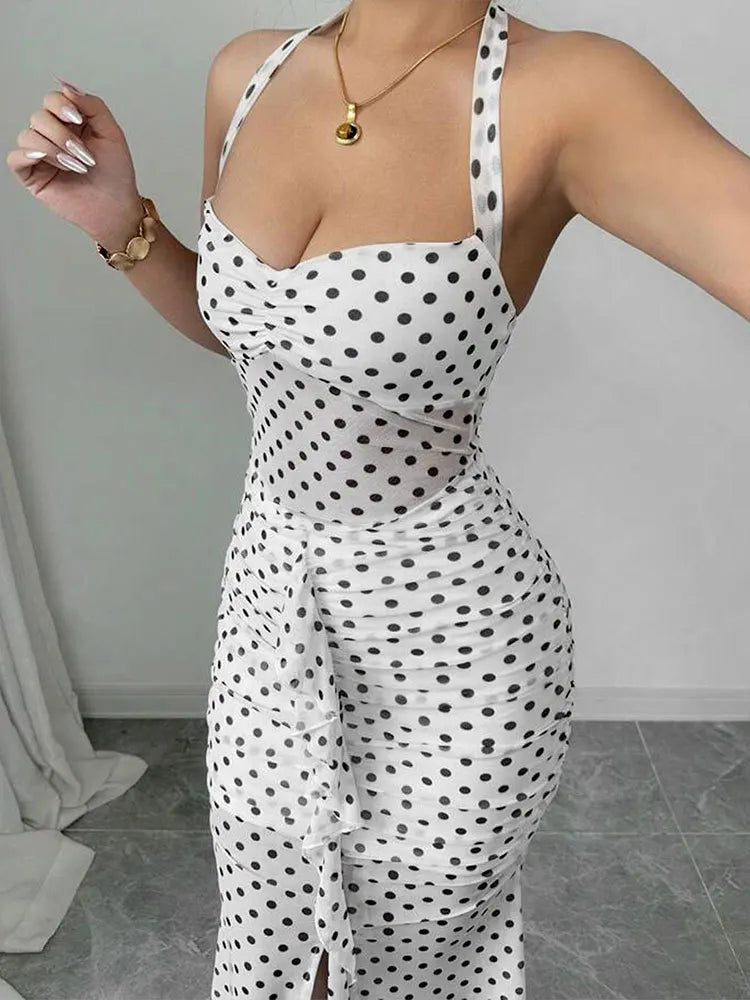 White Polka Dot Chiffon Backless Strapless Dress With Empire Waist