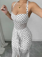 White Polka Dot Chiffon Backless Strapless Dress With Empire Waist