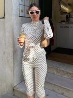 Capri Set With Lace Up Stand Collar Jacket And High Waist Pencil Pants Two Piece Outfit