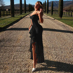 Banquet Ready Allure Ruched Lace Mesh Long Dress With Openwork Bodice And Asymmetrical Silhouette