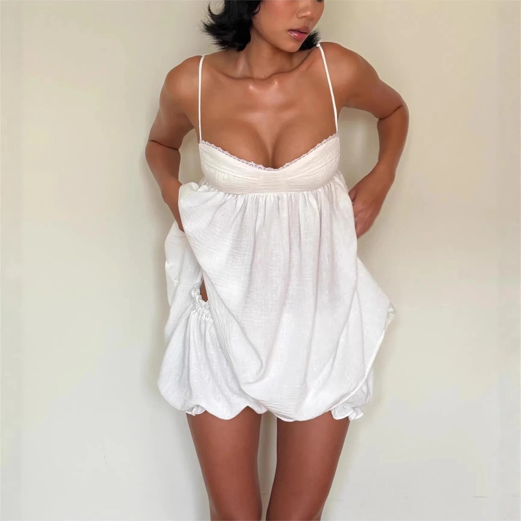 Women White Lace Trim Spaghetti Strap Babydoll Mini Dress