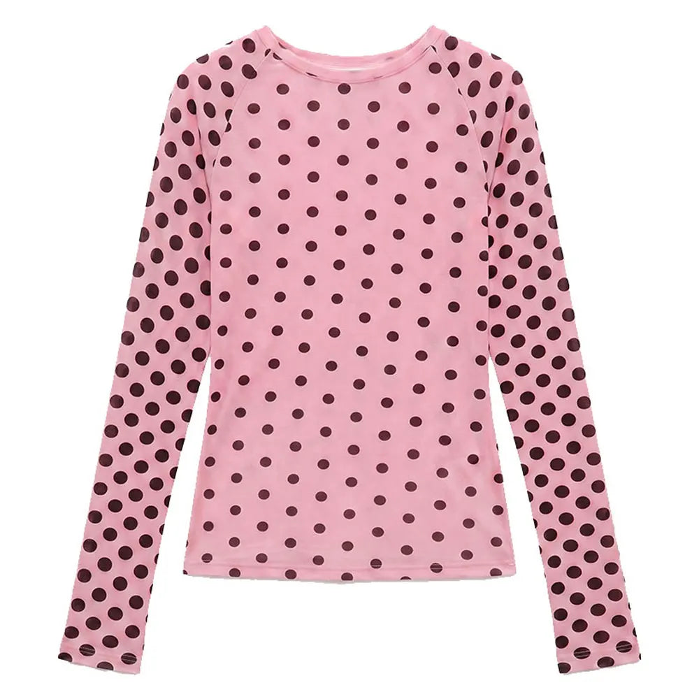 Blush Pink Polka Dot Lightweight Long Sleeve Tee O Neck Top