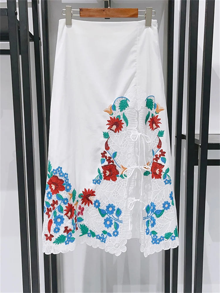 Romantic Floral Lace Embroidered Midi Set With Sleeveless Top And Side Slit Skirt