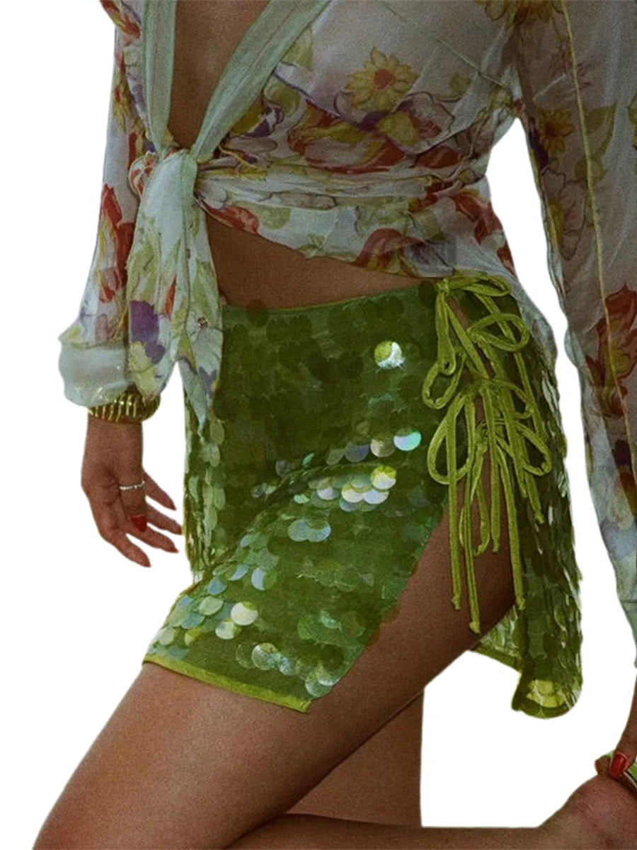 Sequin Side Split Mini Skirt With High Waist And Lace Up Detail