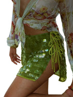 Sequin Side Split Mini Skirt With High Waist And Lace Up Detail