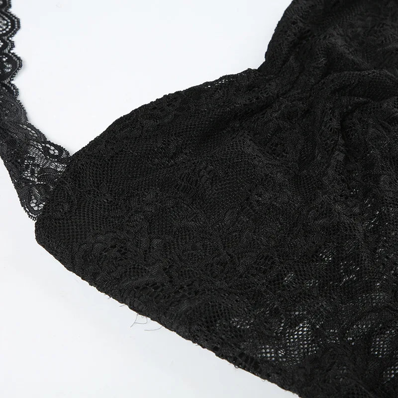Elegant Lace Flora Halter Crop Top With Sheer Panel Lightweight Sleeveless Tank