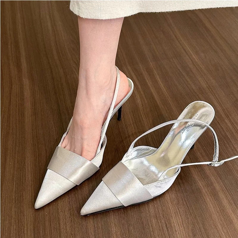 Soft Pink Silver Black Satin Slingback Pumps Point Toe And Ribbon Plait Design For Elegant Evening