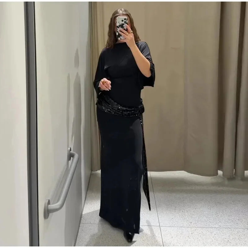 Backless Sequin Patchwork Maxi Dress With Wide Sleeves