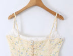 Sunlit Yellow Floral Corset Top With Lace Trim And Delicate Spaghetti Straps