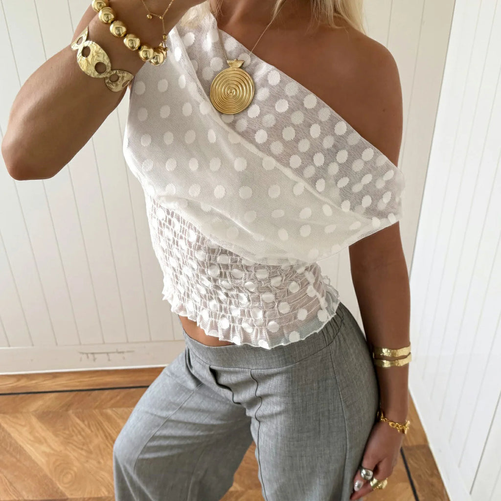 One Shoulder Crop Top With Sheer Polka Dots and Ruched