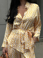Printed Blouse And Pants Set With Long Sleeves And Lace Up Shirt