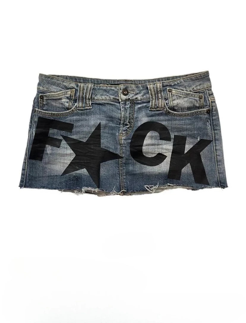Y2K Denim Mini Skirt With Printed Motif High Waist