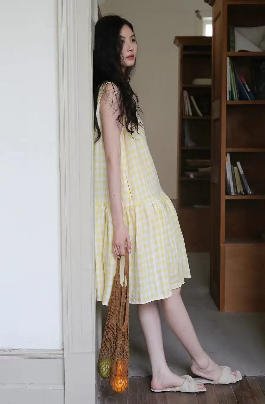 Sunny Plaid Cotton Dress Sleeveless Round Neck Vacation Dress