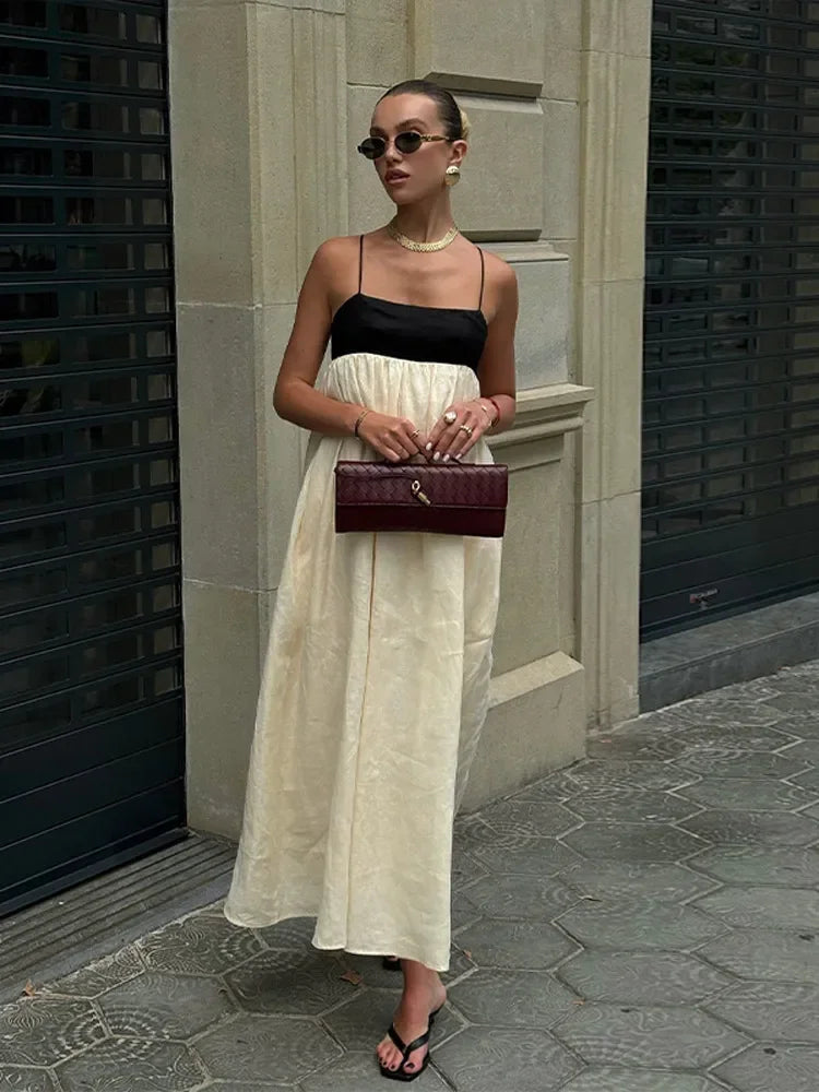 Contrast Splicing Loose Sling Long Women Square Collar Sleeveless Backless High Waist Dress