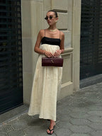 Contrast Splicing Loose Sling Long Women Square Collar Sleeveless Backless High Waist Dress