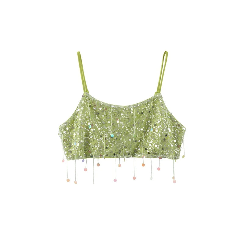 Beaded Sequin Two Piece Set Sleeveless Backless Crop Top And Mini Skirt Glam Outfit