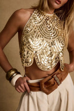 Backless Halter Sequin Crop Top Sparkly Sleeveless Glitter Camisole