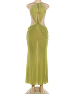 Elegant Halter Hollow Dress With Beaded Backless Mesh Patchwork