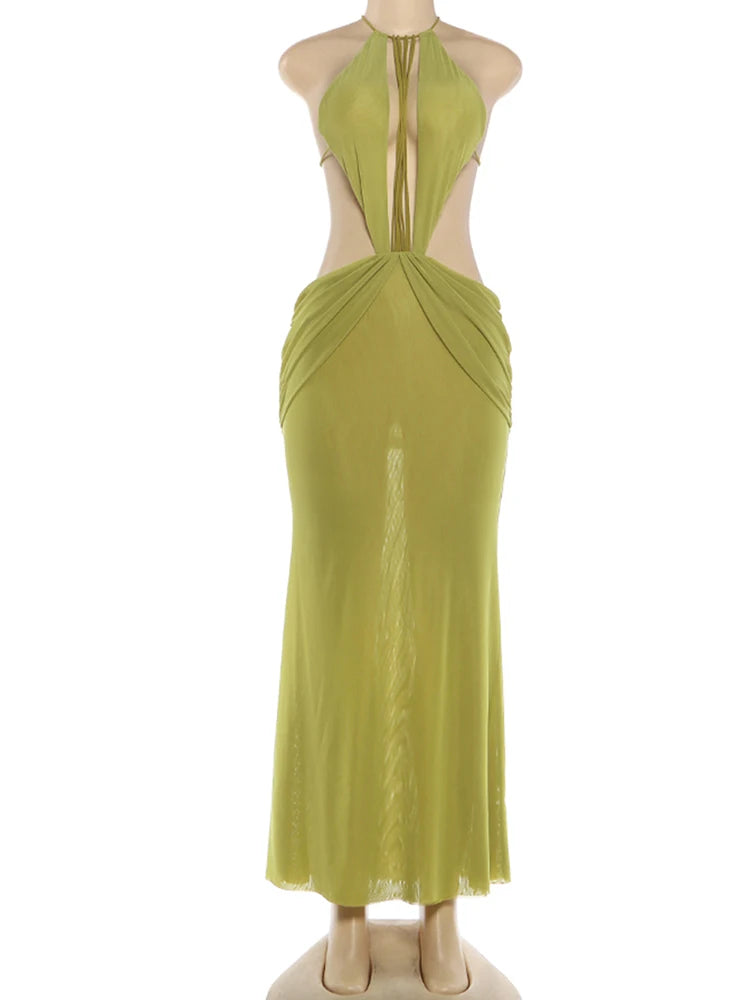 Elegant Halter Hollow Dress With Beaded Backless Mesh Patchwork
