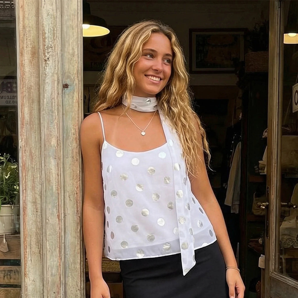 Shiny Sequins Polka Dot Camisole Backless Round Neck Top With Scarf
