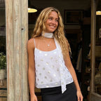 Shiny Sequins Polka Dot Camisole Backless Round Neck Top With Scarf