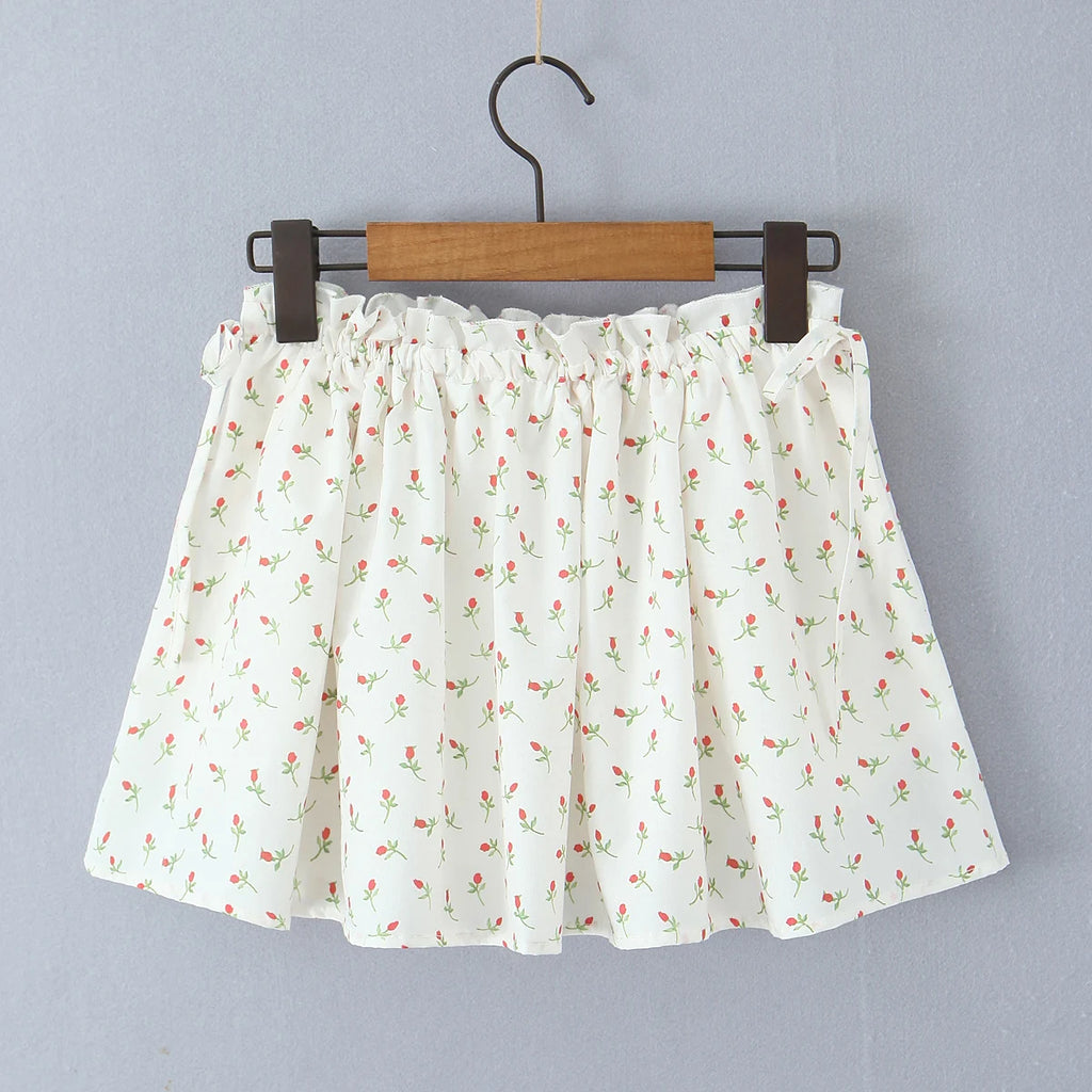 Radiant Bow Accent Ruched Bust Tank Top With Open Button Front And Rope Laced Waist Mini Skirt Set