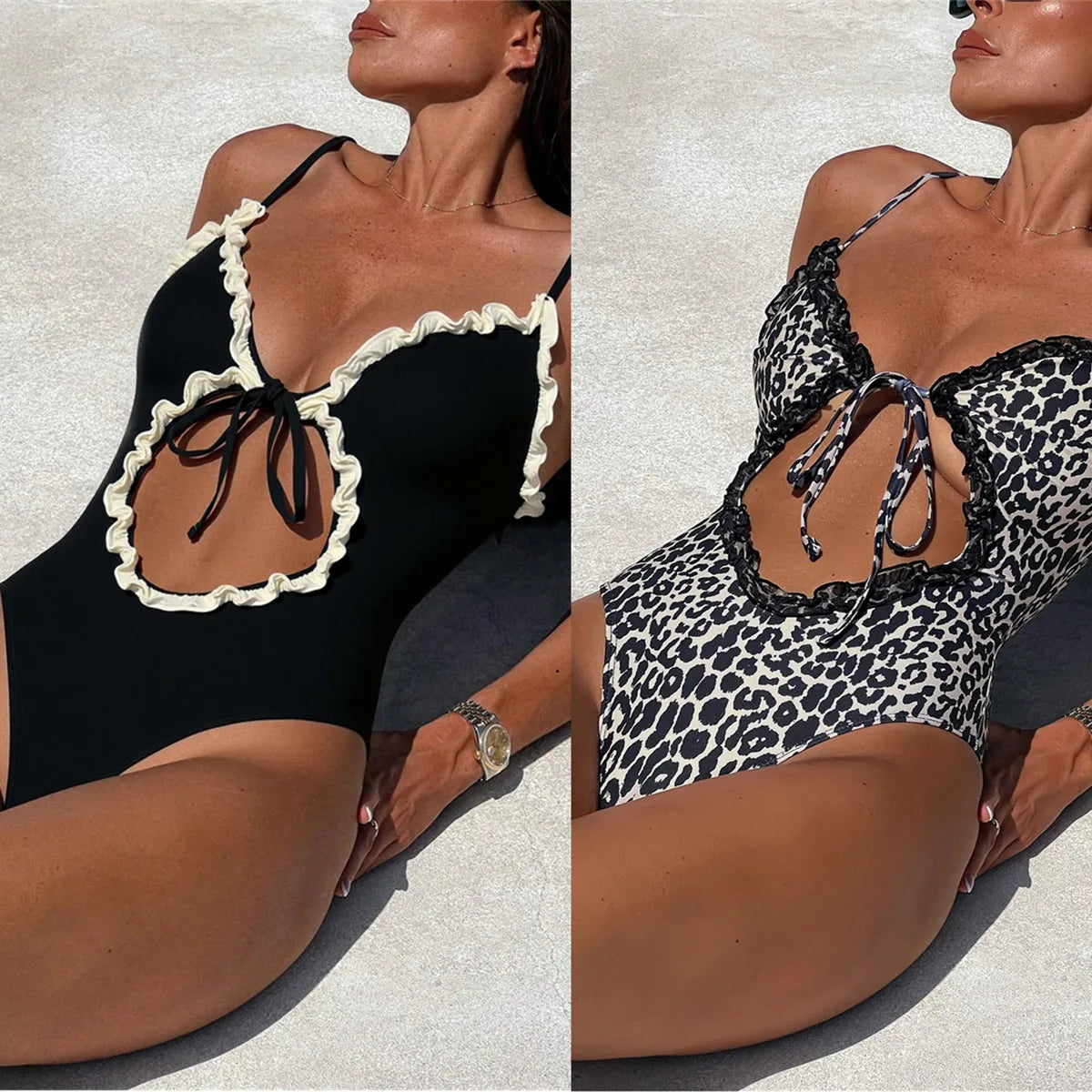 Midnight Patchwork One Piece Swimsuit With Lace Trim Front Tie Hollow Out Design