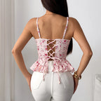 Floral Print Coquette Crop Corset Top With Spaghetti Straps And Ruffle Hem