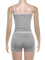 Lace Patchwork 2 Piece Set Women Fashion Bow Applique Low-Neck Camisole+Bike Shorts