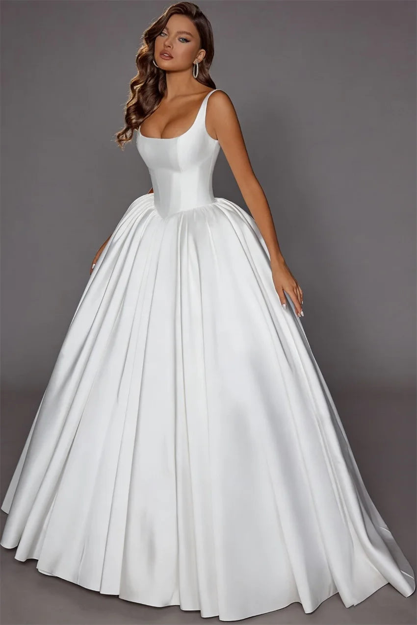 Elegant Satin A-Line Wedding Dress With Square Neck Sleeveless Bodice Built-In Bra Lace-Up Back