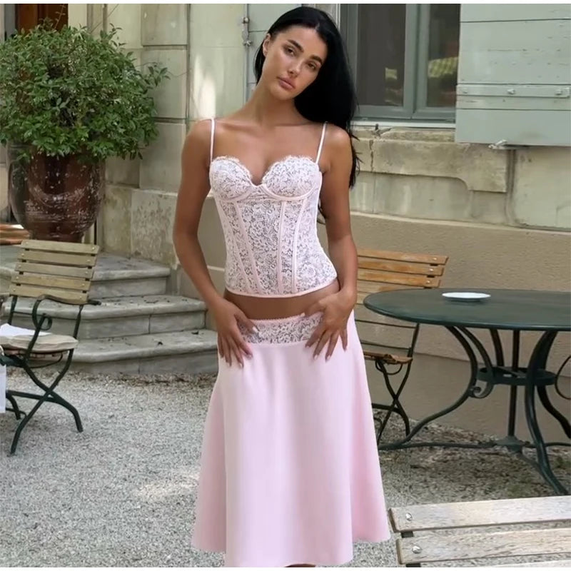 Delicate Lace Corset Cami And Midi Skirt Set Slim Fit Sleeveless Romantic Outfit