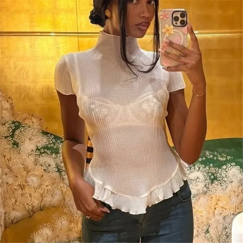 Women's Ribbed Slim Fit Stylish See Through Solid Color Turtleneck Short Sleeve Top
