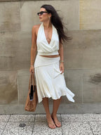Elegant Asymmetrical A Line Midi Skirt High Waisted Pleated