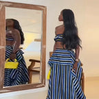 Bohemian Blue Striped Two-piece Set Strapless Ruffled Crop Top Tiered Maxi Skirt