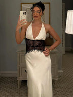 Backless Maxi Gown With Patchwork Lace Halter Neck Deep V And High Waist Elegance