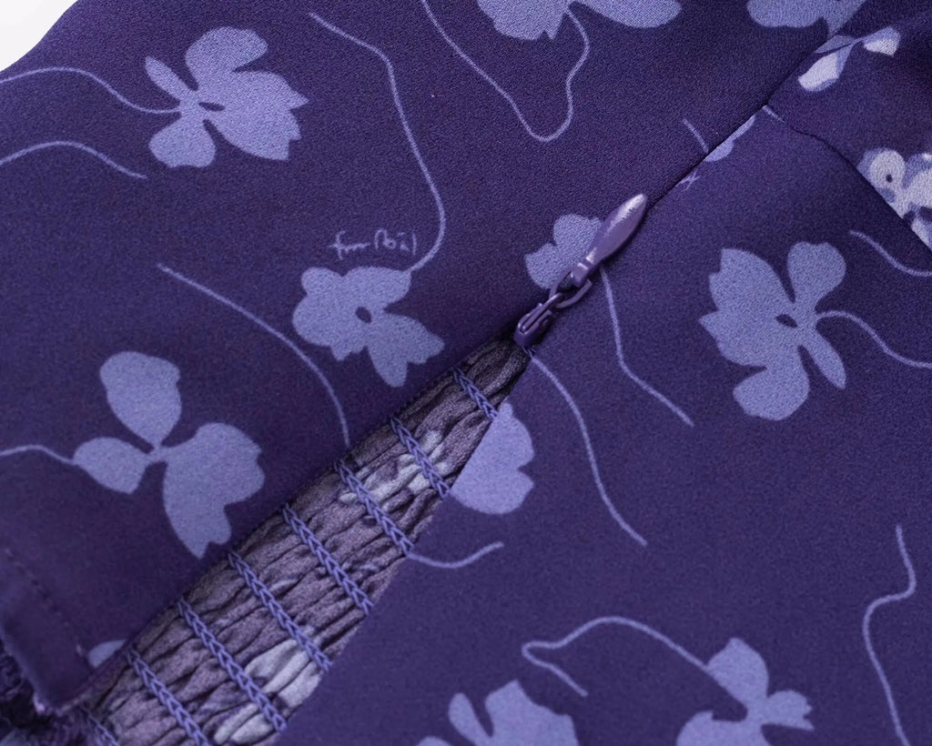 Purple Square Neckline Floral Print Blouse Flare Short Sleeve