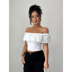Hollow Jacquard Off Shoulder Top In