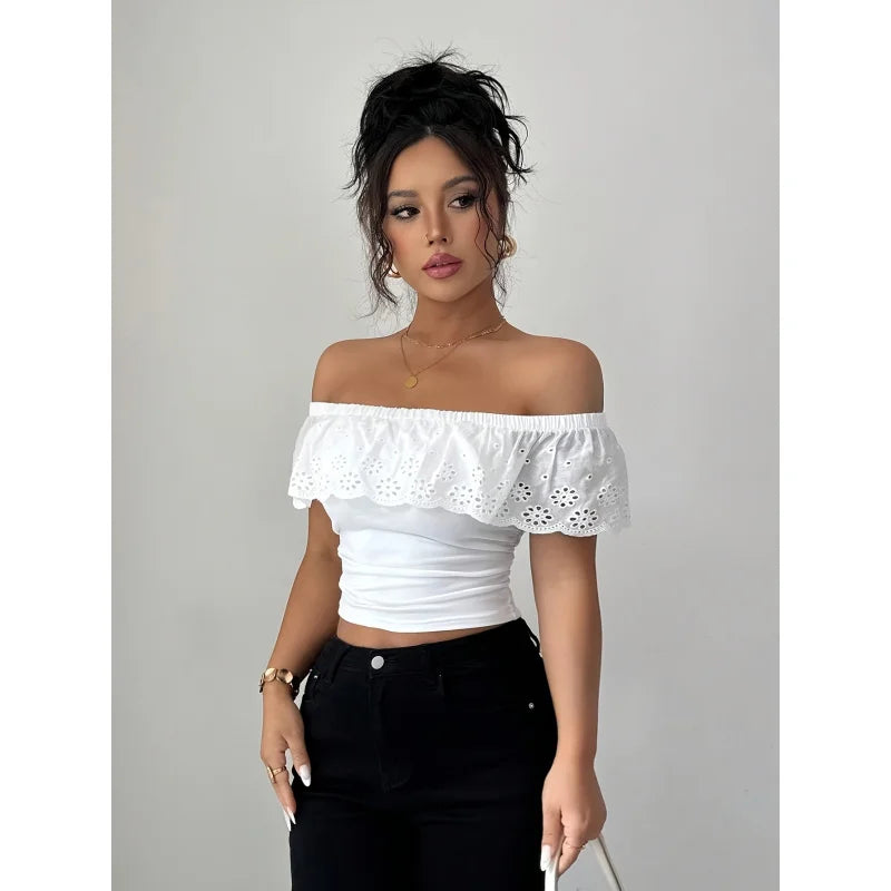 Hollow Jacquard Off Shoulder Top In