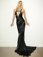 Silky Satin Evening Gown With Low Neck Backless Design Sleeveless Maxi Dress