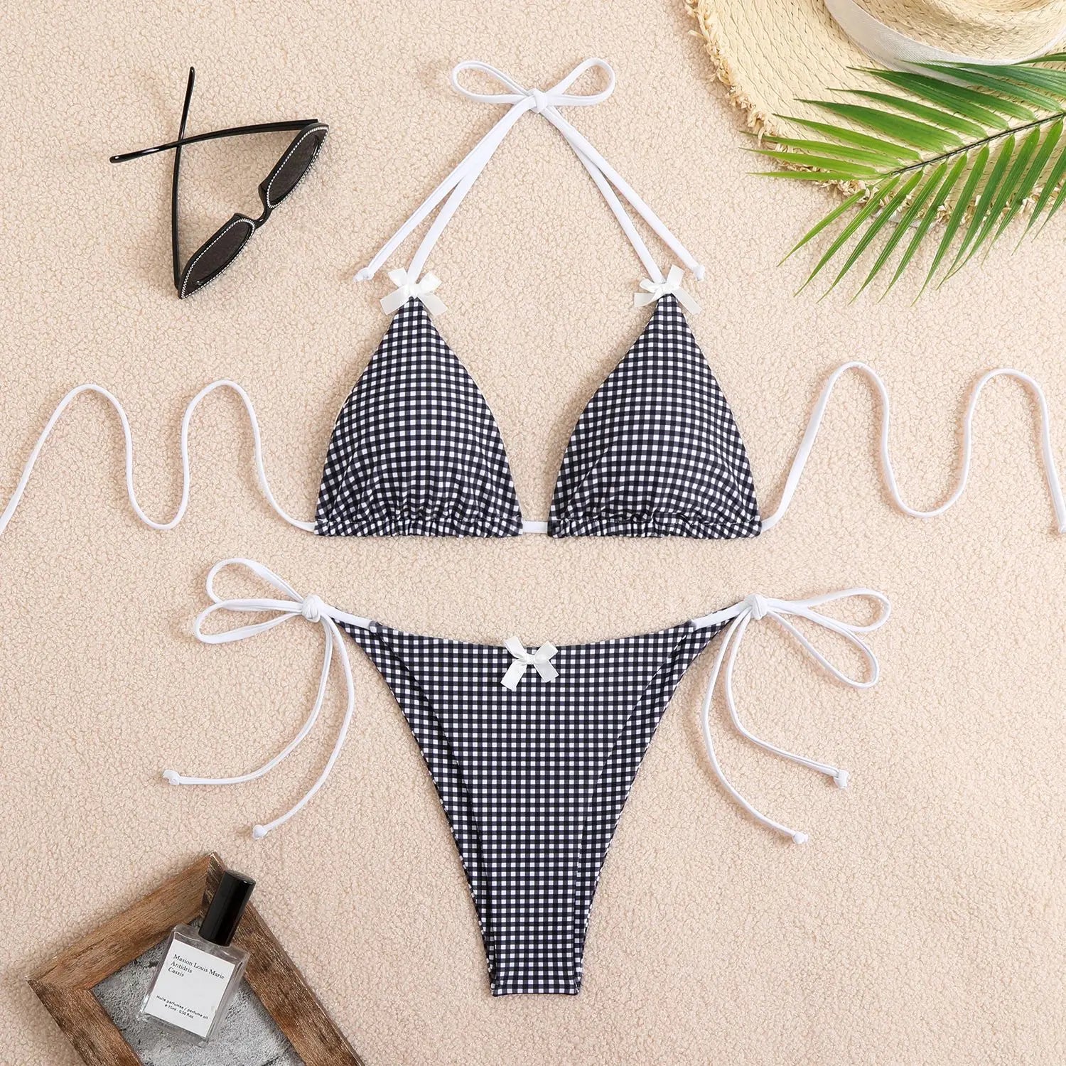 Plaid Dot Swimsuit With Neck Bow Tie Vintage Beachwear