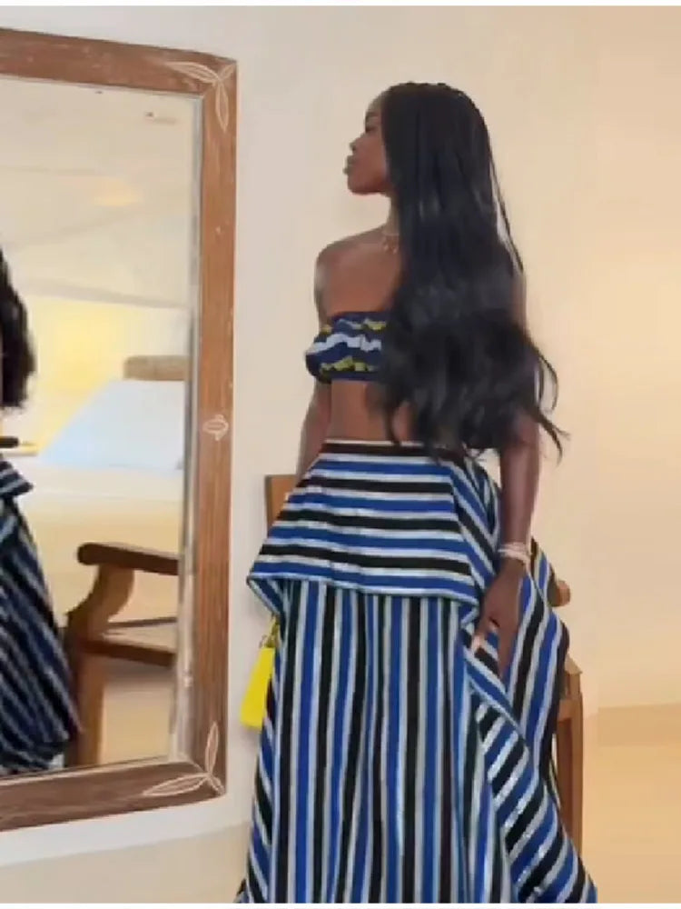 Bohemian Blue Striped Two-piece Set Strapless Ruffled Crop Top Tiered Maxi Skirt