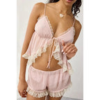 Two Piece Sheer Pajamas Set Ruffle Lace Trim Tie-Up Split Front Sleeveless Cami Tops and Shorts