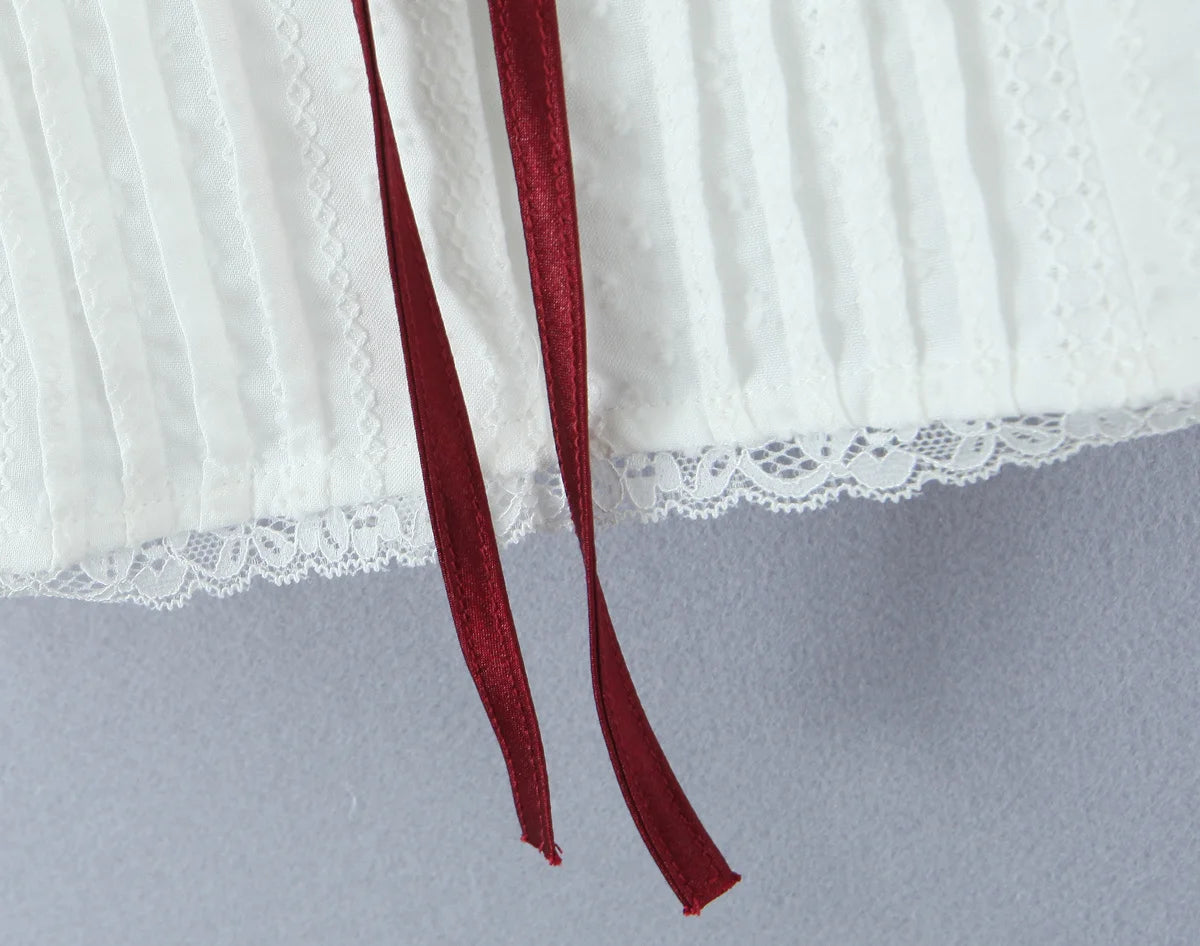 White Bow Detail Puff Sleeve V Neck Top With Vintage Charm And Flirty Slim Silhouette