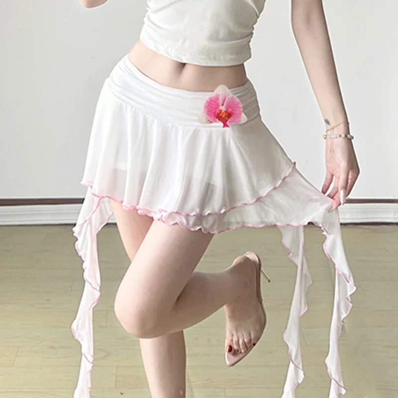 Irregular Mesh Ruffle Edge Low Waist Short Skirt