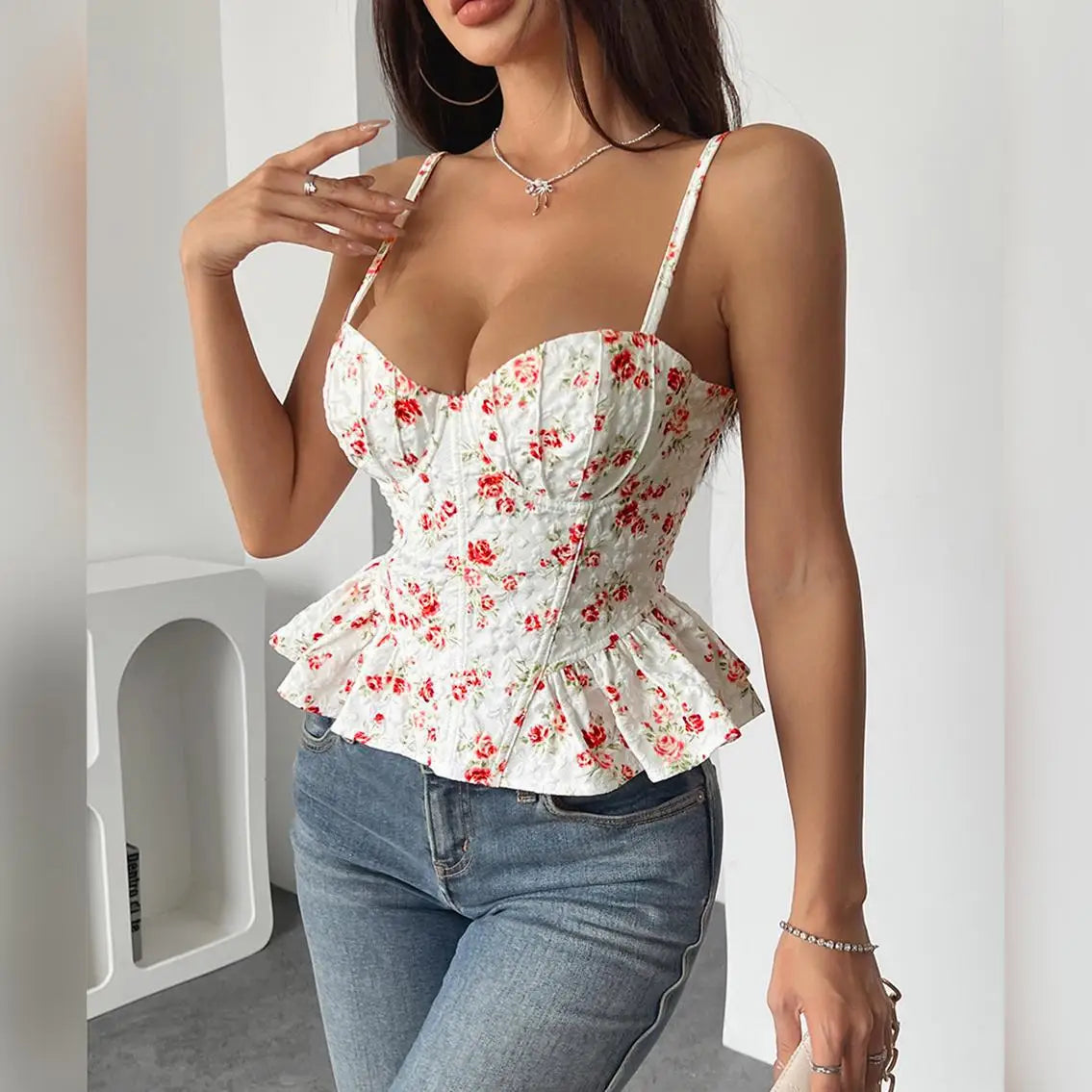 Floral Print Coquette Crop Corset Top With Spaghetti Straps And Ruffle Hem